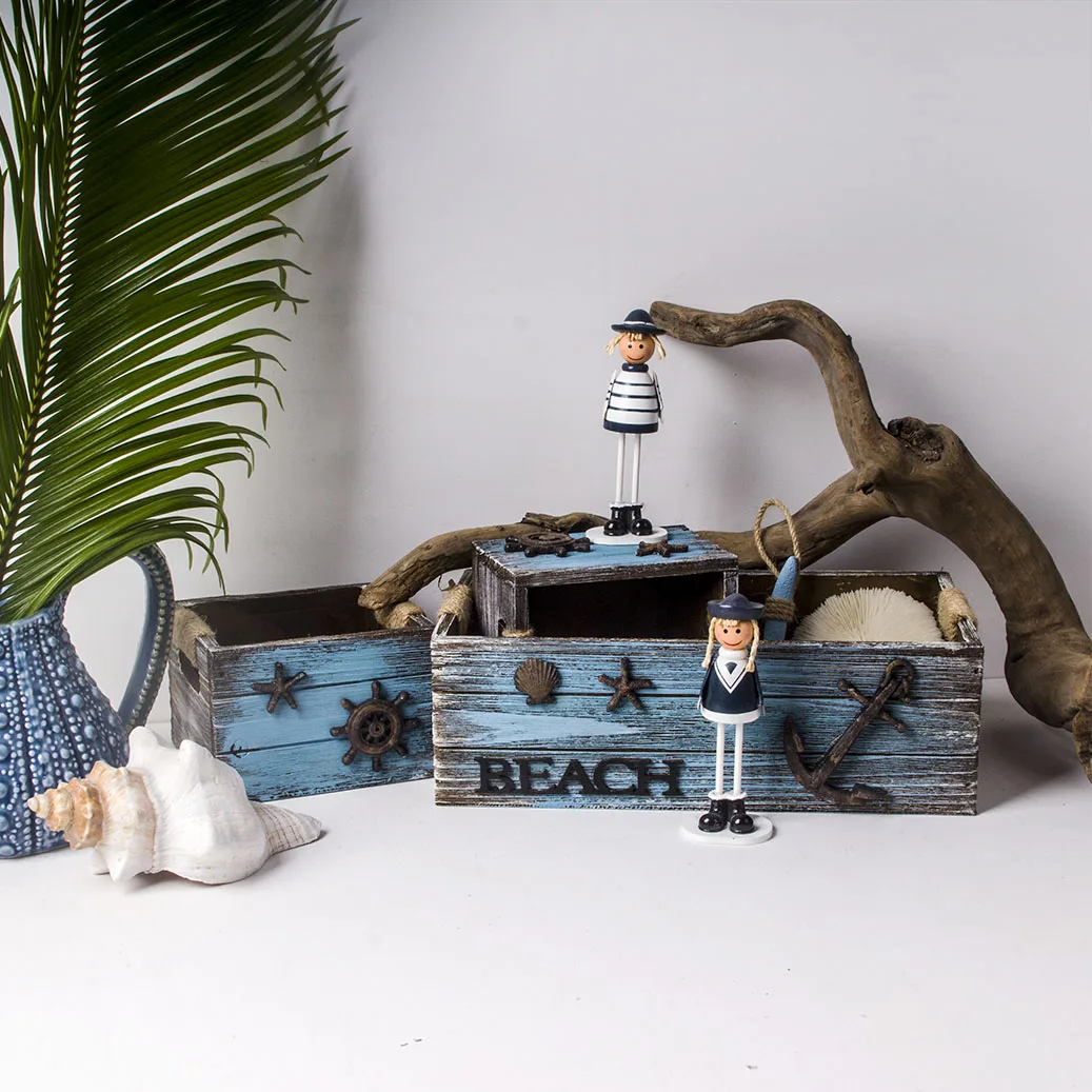 wooden 3 pieces Sea Accessories MDF Antique Beach Style desktop Storage Box