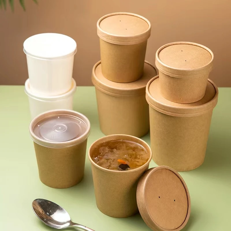 100% Food Grade Eco Disposable Kraft Paper Soup Bowl Cup 6oz Hot Soup Bowls Custom