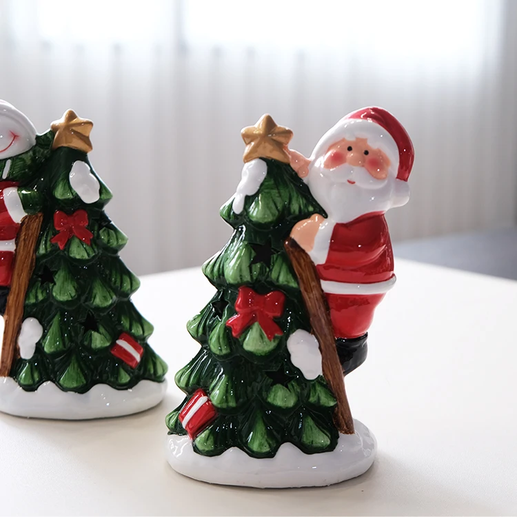 Factory Decoration ceramic LED Christmas tree with climbing santa snowman Christmas collection ornaments