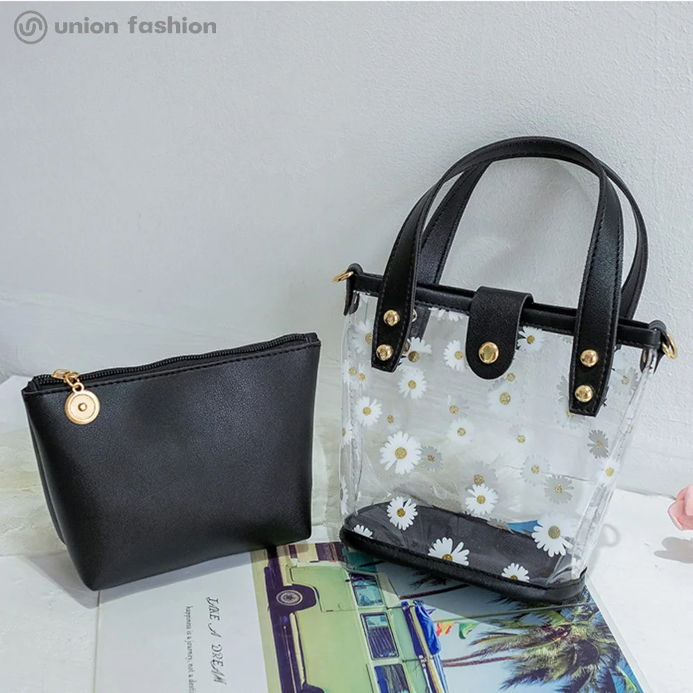 
Hot Selling Women Clear PVC Daisy Print Shoulder Crossbody Bucket Bags Handbags With 