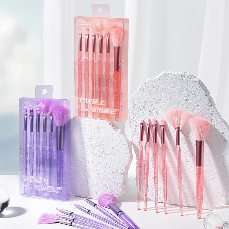 LMLTOP Custom Cosmetic Brush 6pcs pink glitter Synthetic Hair Makeup set brush Crystal Clear handle eyeshadow Blending Brush
