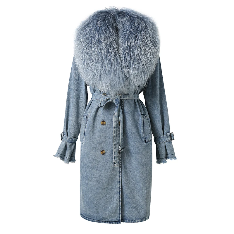 Fashion Long Trench Coat Women Denim Trench Coat with Detachable Mongolian Fur Collar