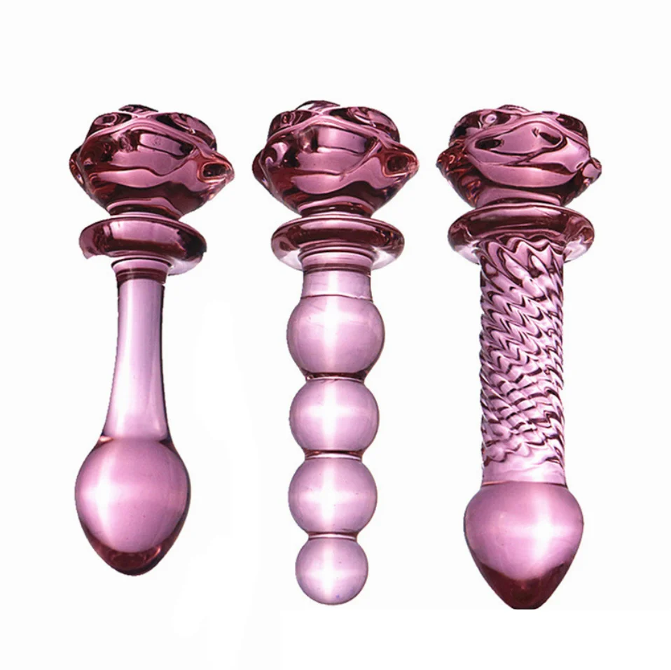 
new pink rose glass phallus anal plug women and men with fun anal sex pull beads toy sex for woman 