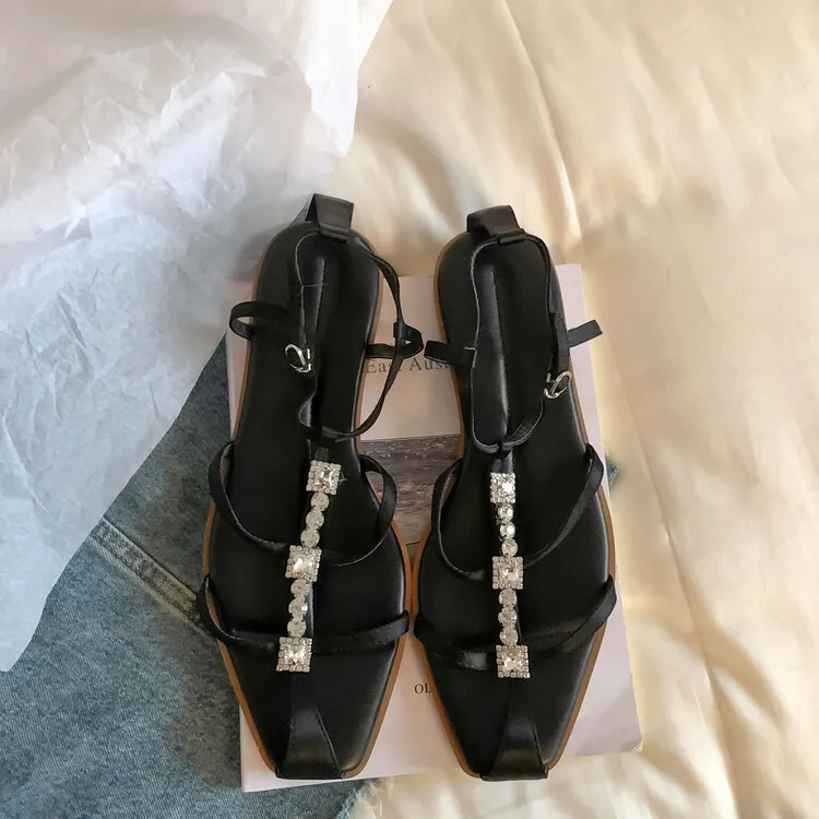 XINZI RAIN 2024 Elegant Female Sandals Square Toe Silk Satin T Strap Women Flat Sandals With Rhinestone
