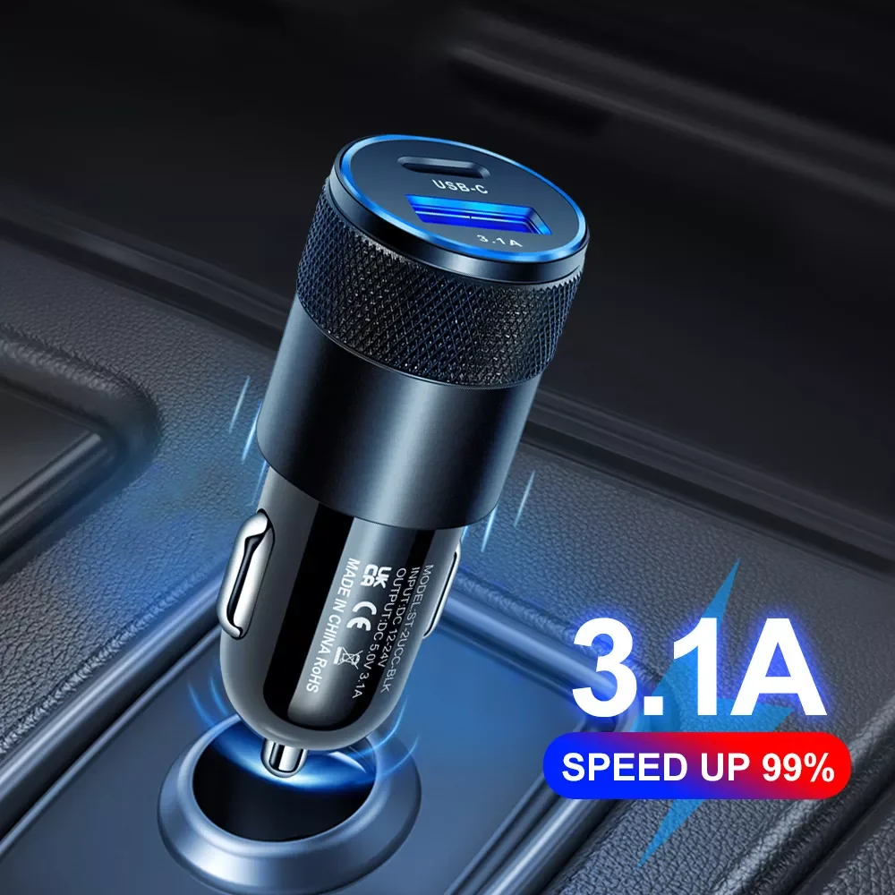 Hot Sale Mini 2 Port PD Car Charger Type C 3.1A Usb Fast Charging In-Car Charger With Multi-color
