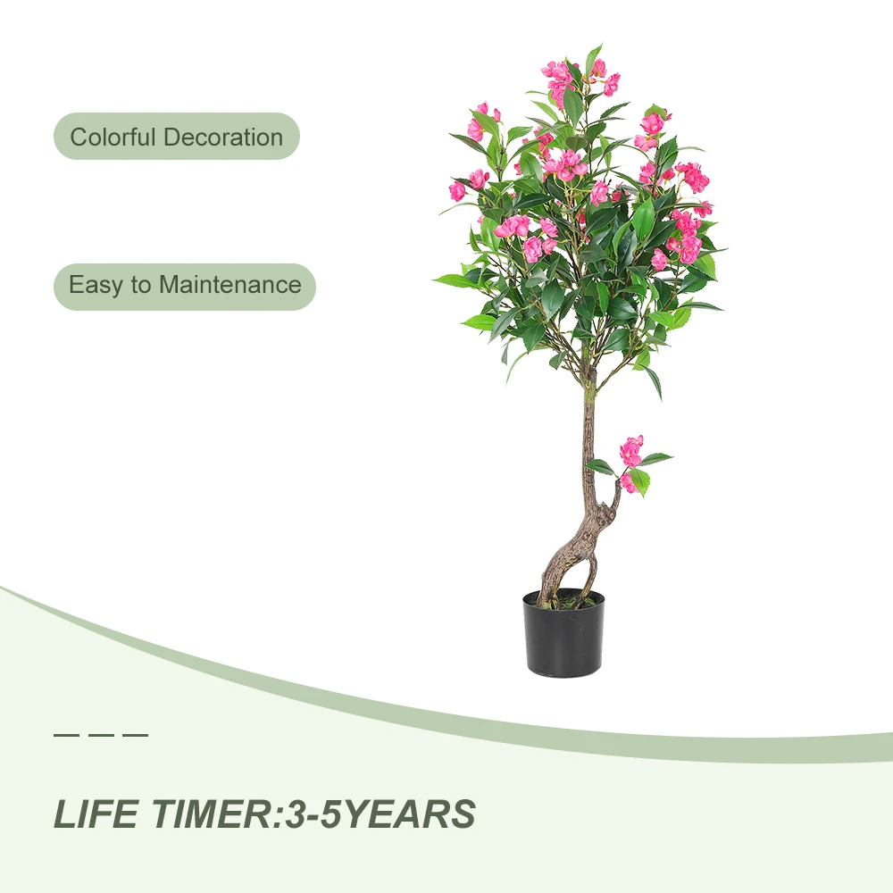 PZ-3-208 Manufacture Faux Silk Peach Blossom with Plastic Pot Artificial Flower Tree Bonsai