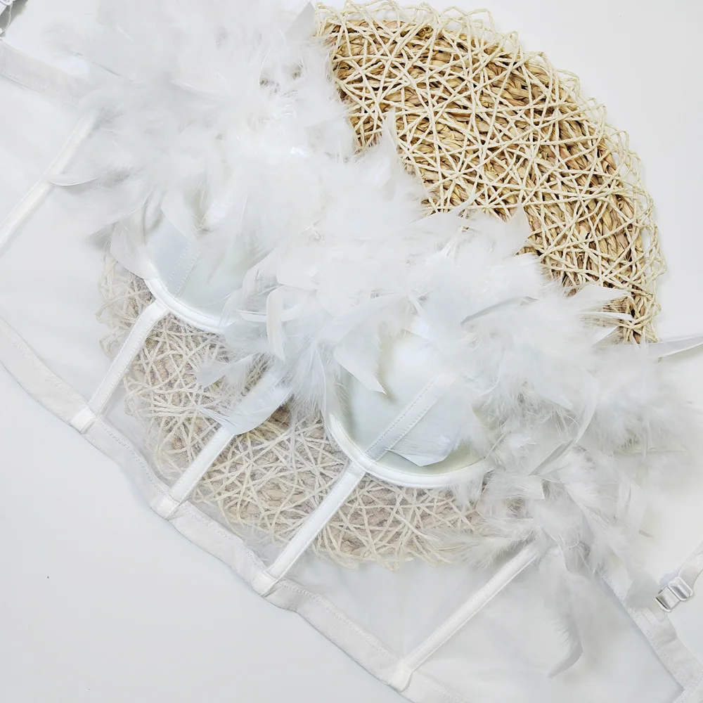 Ladies Sexy White Babydoll Bustier Crop Tube Top Bra For Nightclub Black Sheer Feather Corset