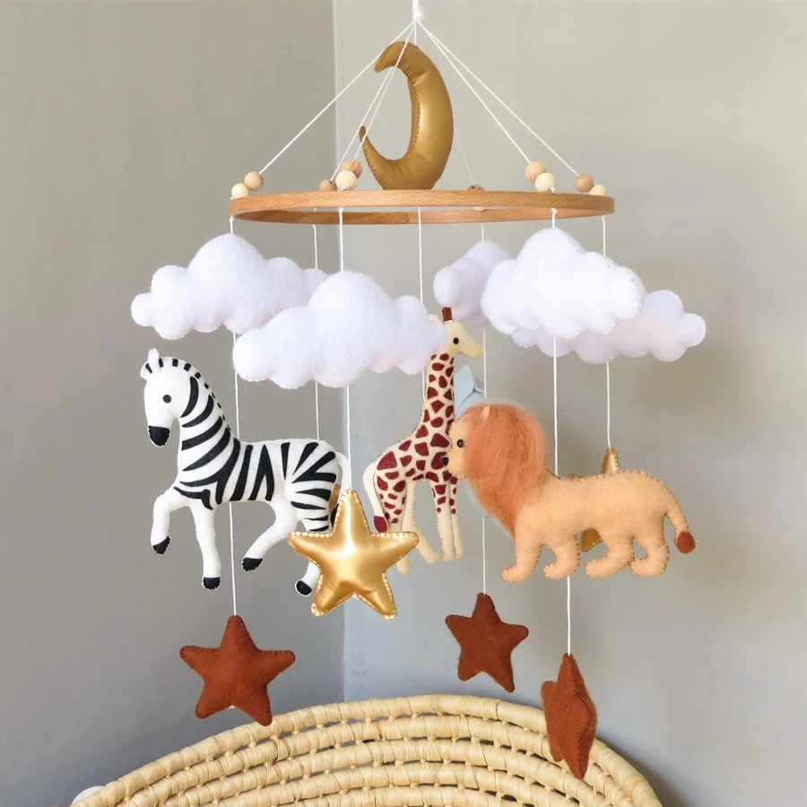 Soft Baby mobile neutral animals nursery mobile felt Africa safari giraffe zebra elephant lion crib mobile