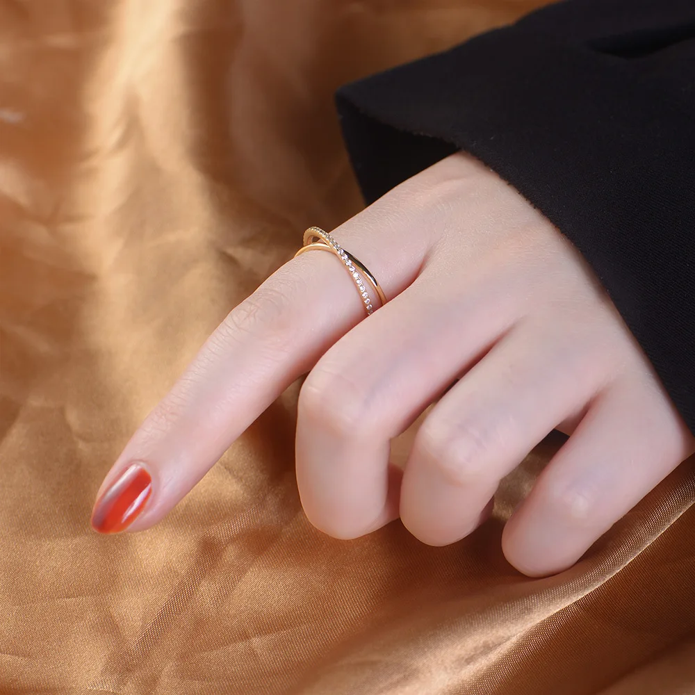 Wholesale Fashion Jewelry 925 Sterling Silver Double Circle Loop Cross Zircon Gold Plated Rings for Women