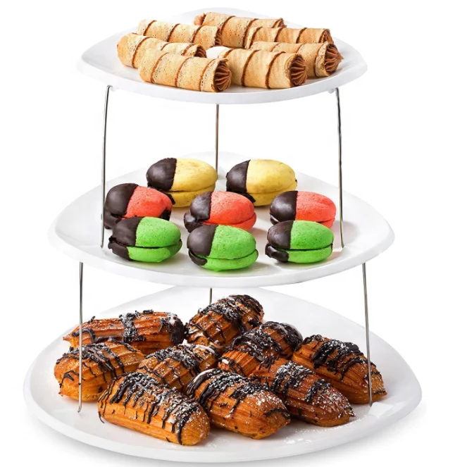 Hot Sale Collapsible Party Tray 3 Tier Plastic Appetizer Trays Twist Down and Fold Inside Serving Sandwiches cake tray