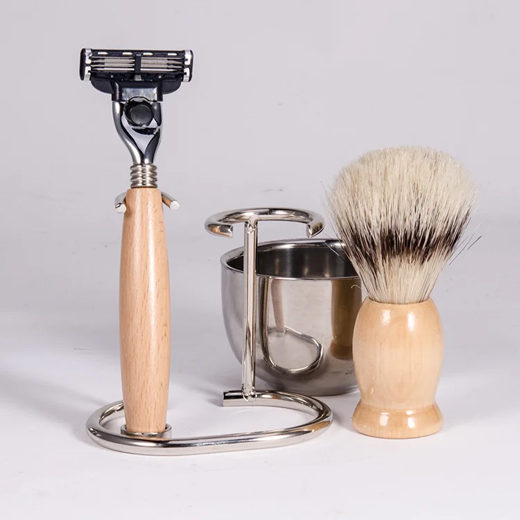 Роскошный мужской набор для бритья включает кисть для бритья барсука с ручкой из бичевого дерева Роскошная ручная безопасная бритвенная щетка и подставка для бритвы миска для мыла