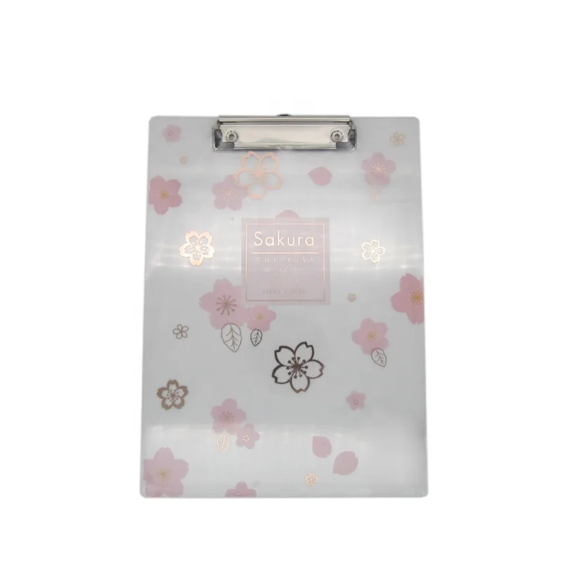 A4 size 2mm thickness sakura flower printing quality Japanese acrylic clipboard writing board with metal clip