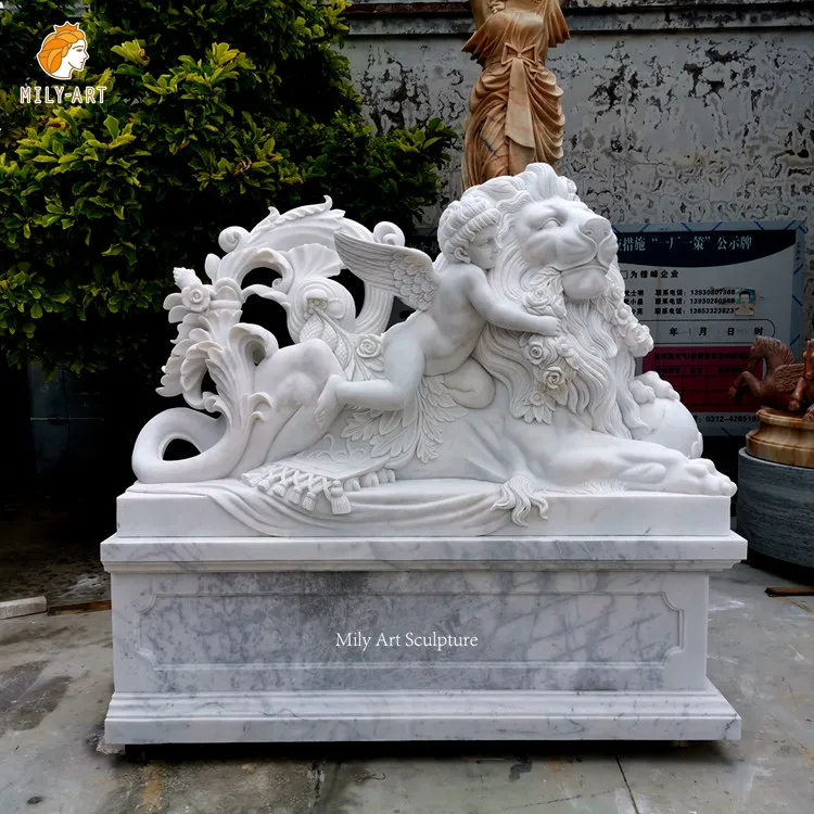 Manufactory Hot Sale Life Size Natural Marble Lion and Cherub Statue Garden Decoration
