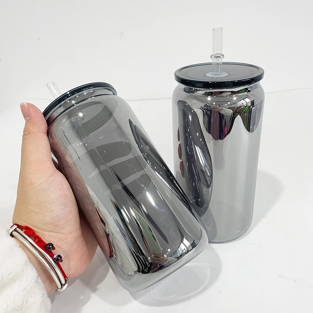 wholesale bulk 16oz metal mirror black plated drinking glass with colorful plastic lids borosilicate cold drink beer glasses