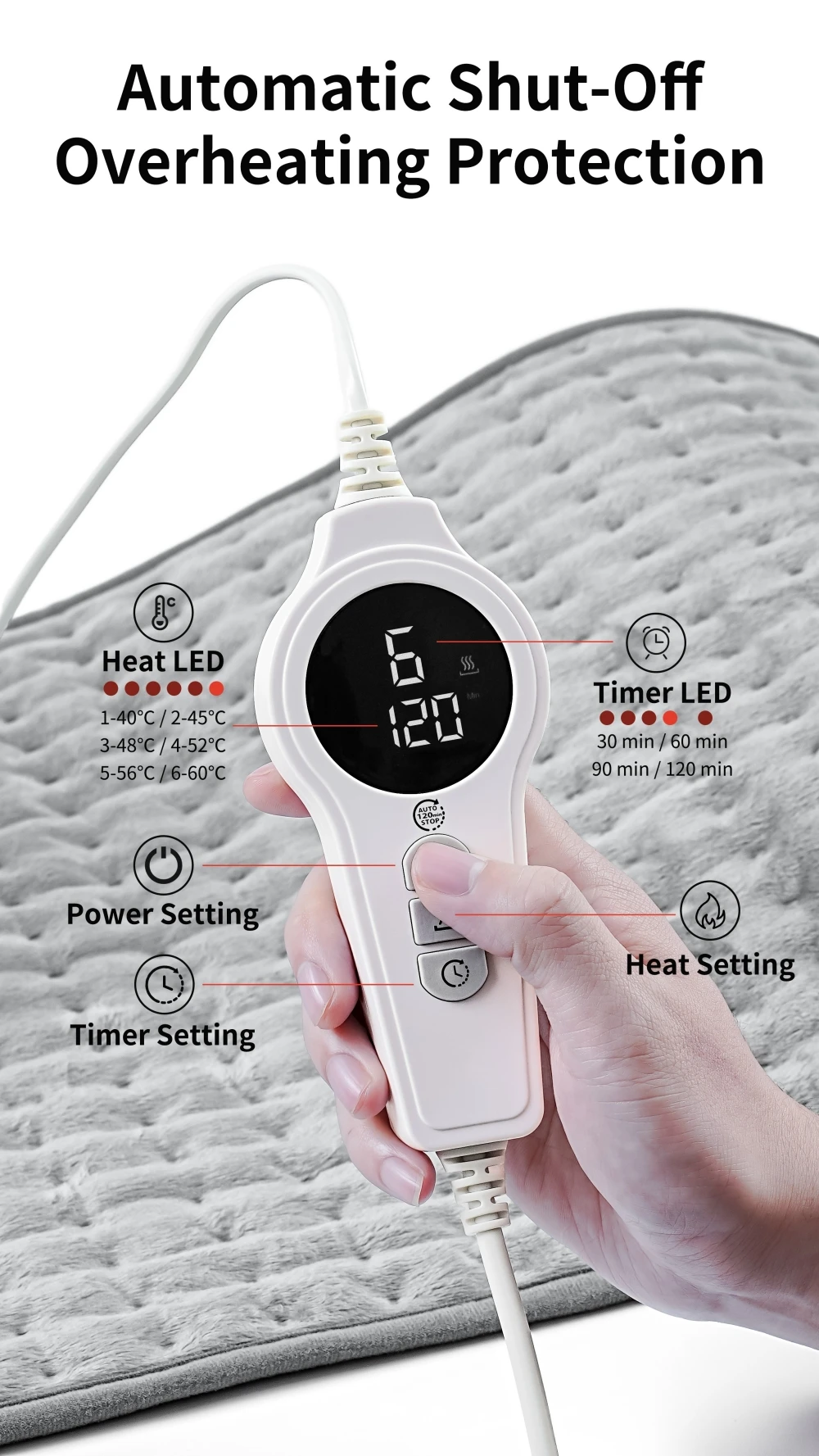 Mydays Tech Intelligent Temperature Control Six Heating Levels Three Time Settings Heated Blanket for Sleeping Working Bed Sofa