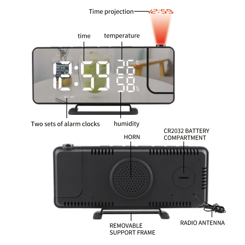 Hot Selling Digital Clock with Projection Fm Radio Tabletop Electronic Led Mirror Alarm Clocks Square Modern ABS Small Radio