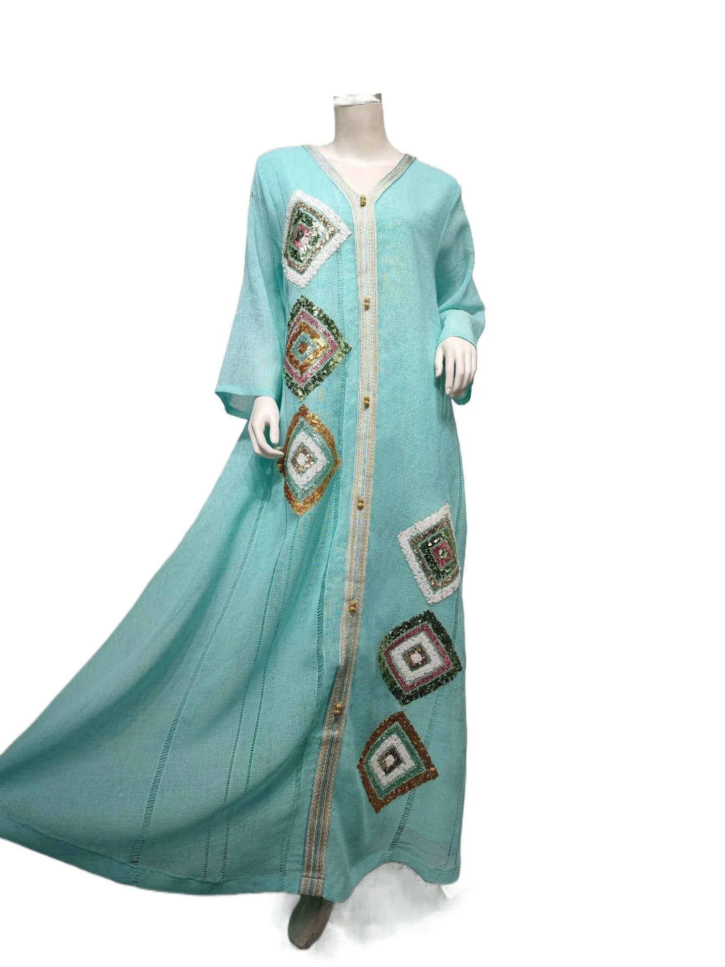 LYZAB185 Cotton Linen Four Side Sequin Embroidery Floral Skirt Skin Color Loose Elegant Abaya Muslim Fashion Gown Dress