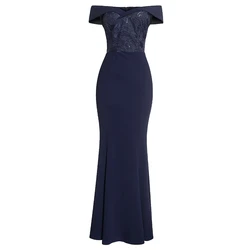 Elegant Floral Embroidery Sequin Off Shoulder Split Sexy Gowns Vestidos Wedding Maxi Evening Bridesmaid Dress