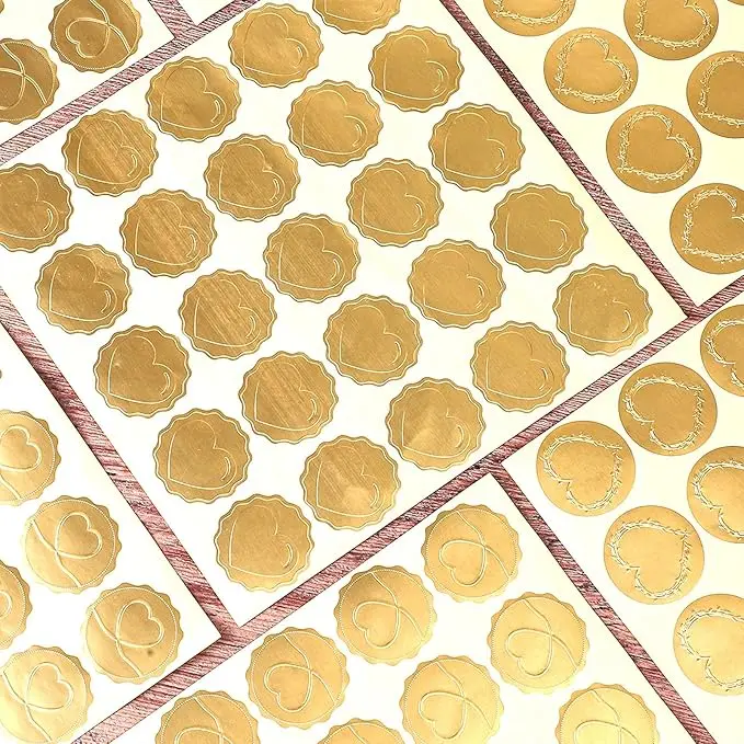 Gold Embossed Envelope Seal Stickers Self-Adhesive Heart Seals for Wedding Party Invitations Favors Greeting Cards