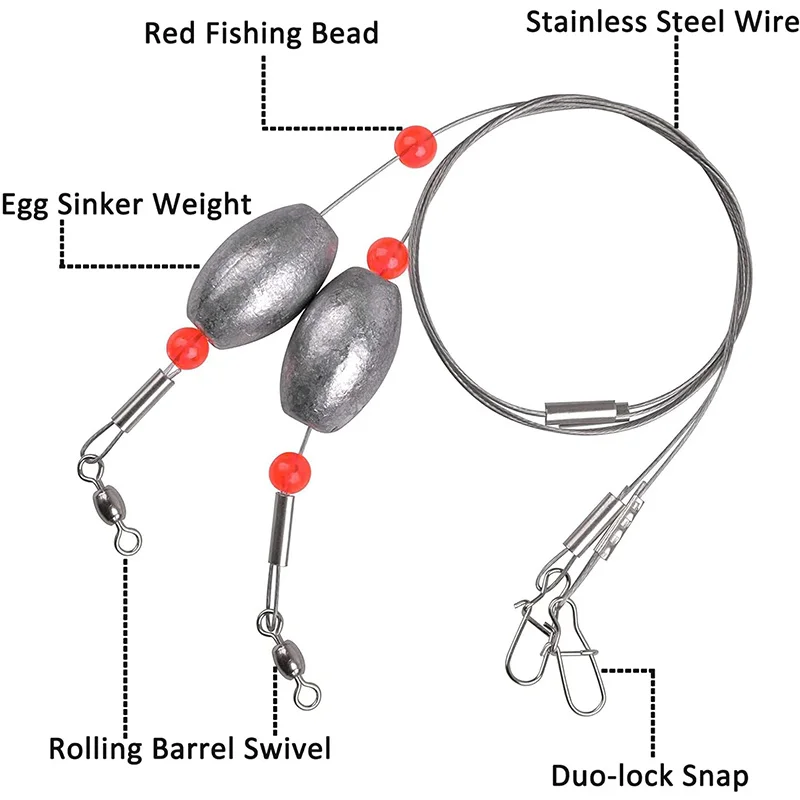 Fishing Egg Sinker Weight Rigs 6pcs Flounder Rig Saltwater Fishing Wire Leader with Egg Sinker Swivels Snap