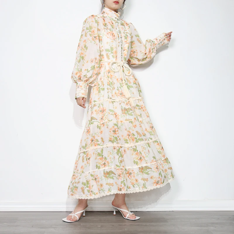 CHICEVER Stand Collar Single Breasted Long Sleeve Lace Up Gathered Waist Fold Hem Dress