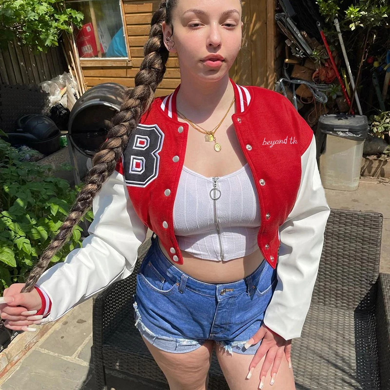 Women Crop Short Coats Autumn Winter Fashion Streetwear Oversize Crop Tops Leather Patchwork Baseball Women Coats Jactets