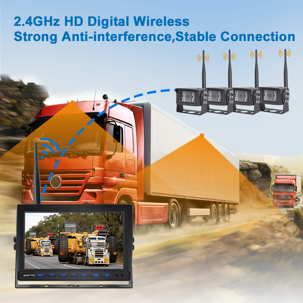 PJAUTO 10.1inch Digital HD DVR Wireless Truck Backup Camera Monitor System Quad View Screen For Truck Bus Farm construction