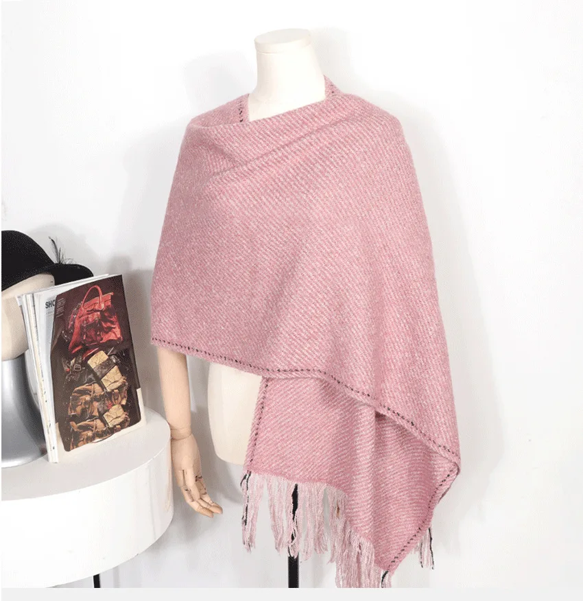 Custom Black Red Plaid Mohair Scarf for Women Checked Chevron Shawl Wrap Thick Winter Red Stripes Scarf with Tassels