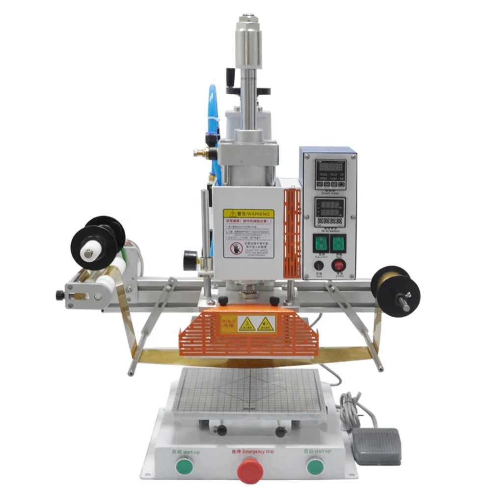 Pneumatic professional golden leather logo embossed foil hot stamping machine foil printer for calendar Invitation card