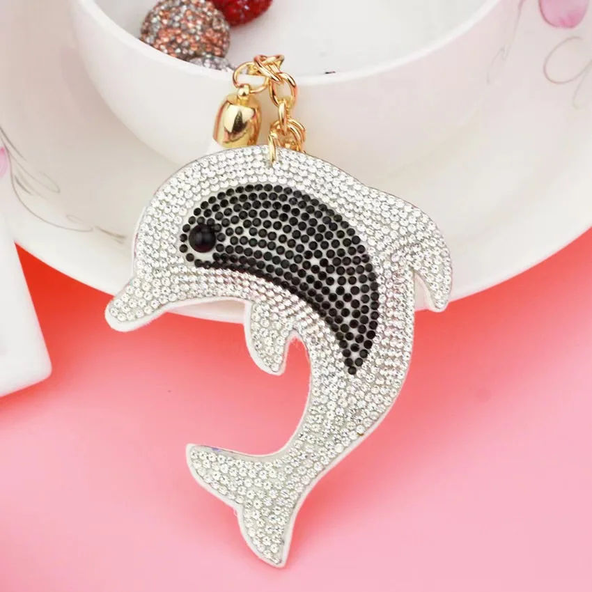 Fashionable Double Color Dolphin Rhinestones Bag Accessories Charms Marine Animals Keychains