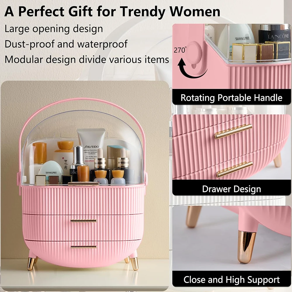 Large Makeup Organizer for Vanity Bathroom Dressing Case Dresser Countertop Skin Care Cosmetic Storage Box with 2 Drawer Pink