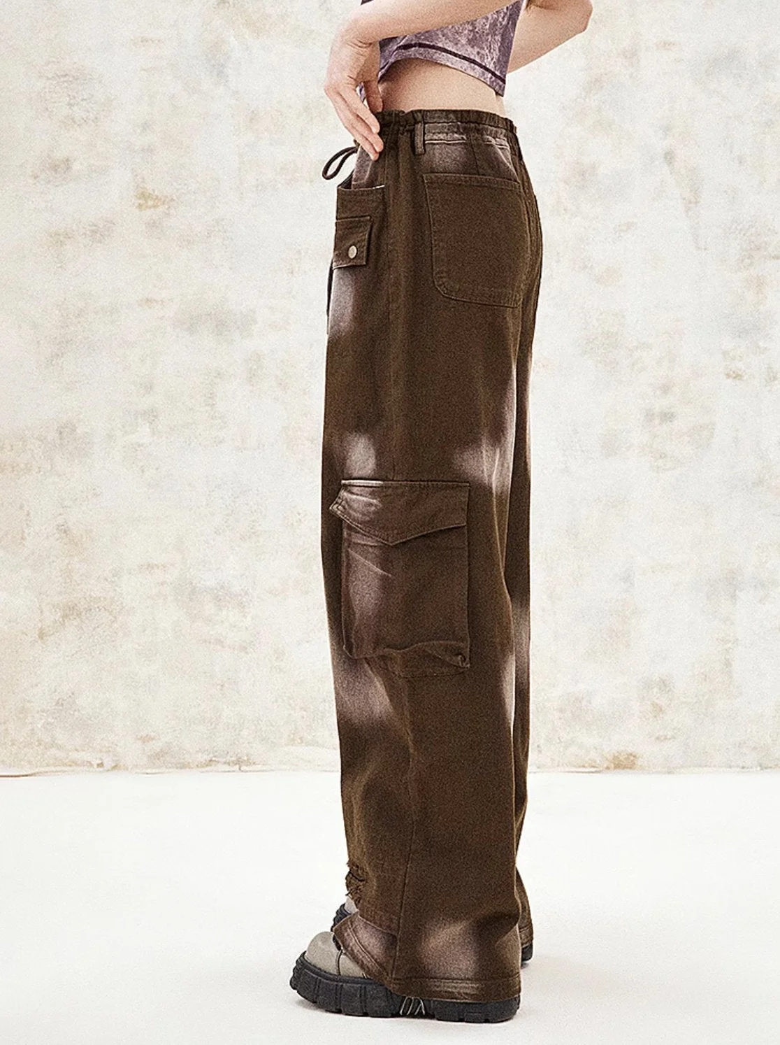 Washed Baggy Loose Trousers Washed New Y2K Women High Waist Multi Jeans Buggy Pockets Cargo Pants Punk Style Faux Jeans
