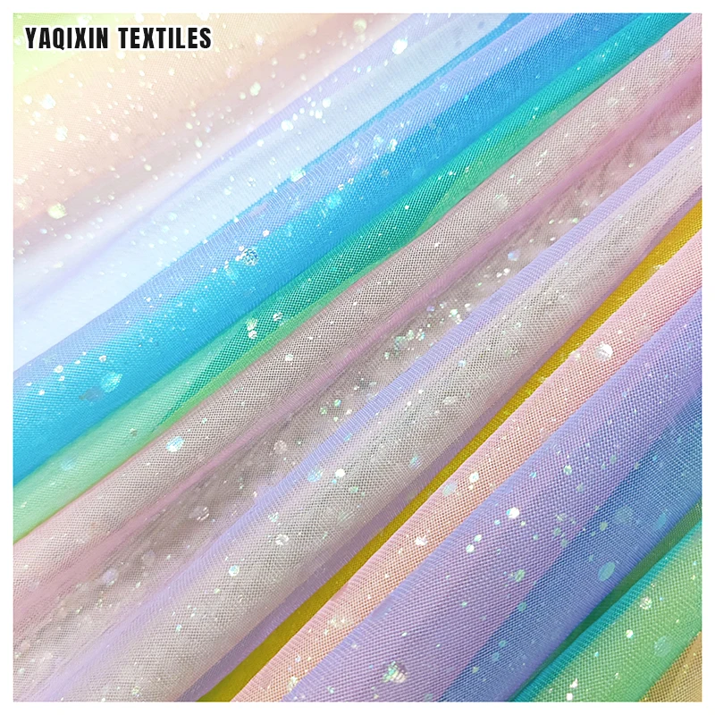 YY221125# High Quality Soft 100 Polyester Shiny Dot Tricot Knit Mesh Tulle Fabric with Print Rainbow Design