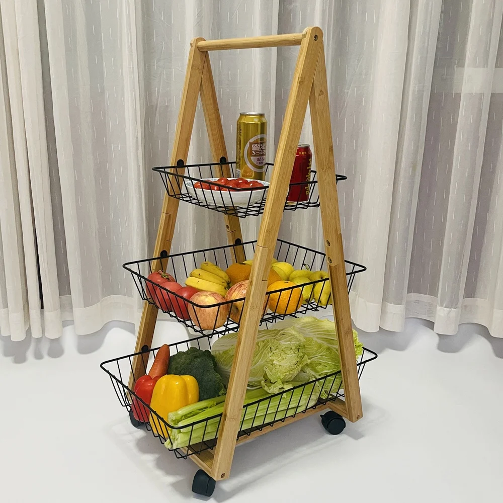 Multipurpose 3 tier bamboo islands carts storage rolling kitchen food cart