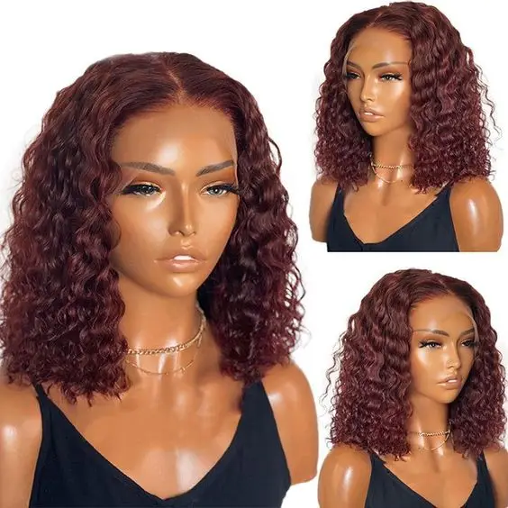 Free Sample and Free Shipment Wigs Indian Remy Human Hair Loose Curly Wine Red Burgundy Color Bob Glueless HD Lace Frontal Wigs