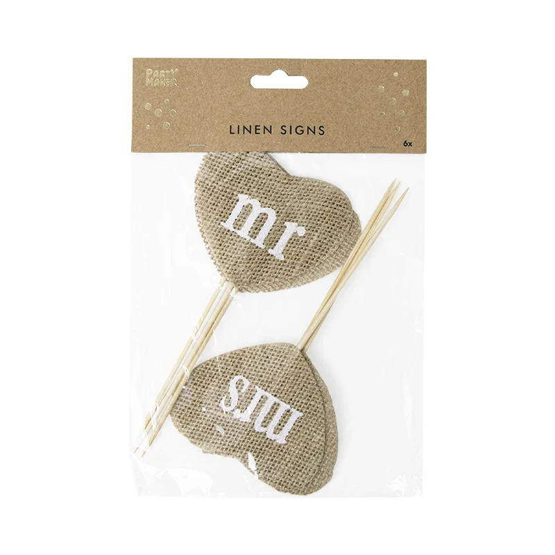 902212 6pcs Linen Picks Mr&Mrs Heart Sticks Toothpicks Cupcake/Cake Toppers Party Wedding Decoration Eco-friendly
