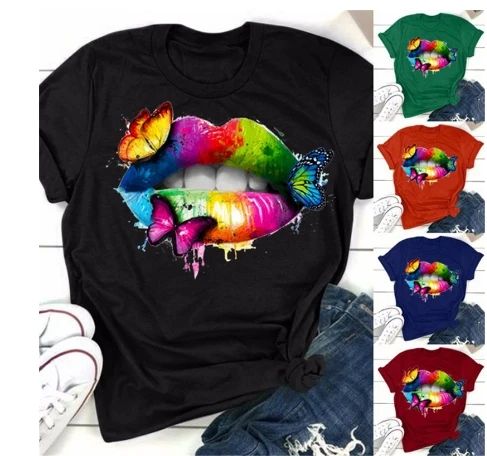 Wholesale 2022 summer kiss lip printed t shirt women Graphic Tees casual love zipper lips t-shirt