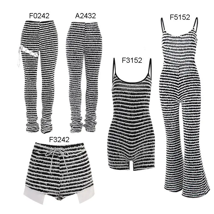 Women Fuzzy Black And White Stacked Sweat Shorts Pants Jumpsuit Set