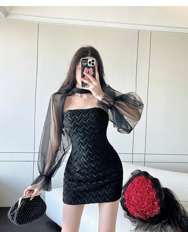 Women Sexy Tight Straight Cut Dresses Micro Mini Black Tube Dress For Women Two Pieces