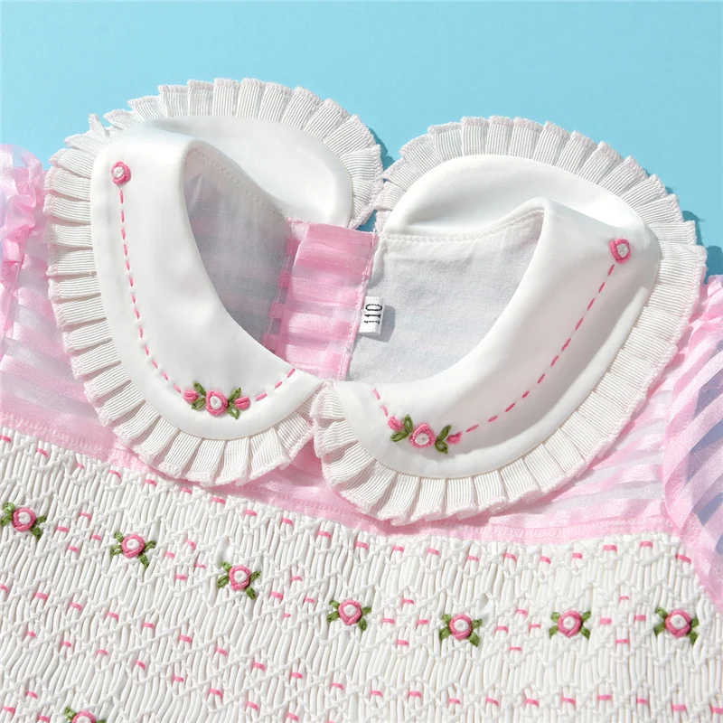 Customized Hand Made Smocked  Baby Girl Dresses Organza Boutique Children Smocking Sweet Embroidery Ball Gowns Smock Kids Dress