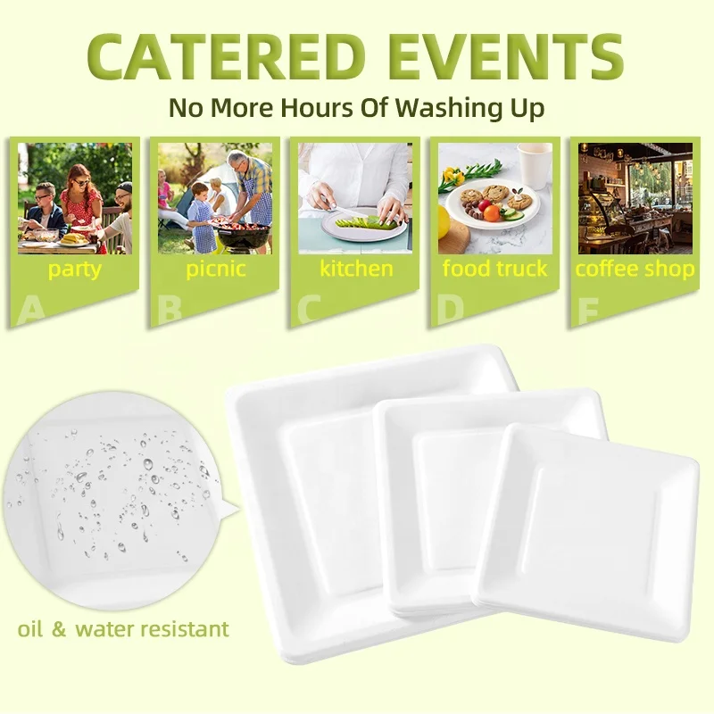 Wholesale Custom Logo Disposable Biodegradable Sugracane Bagasse fiber square diner plate cheap charger plates