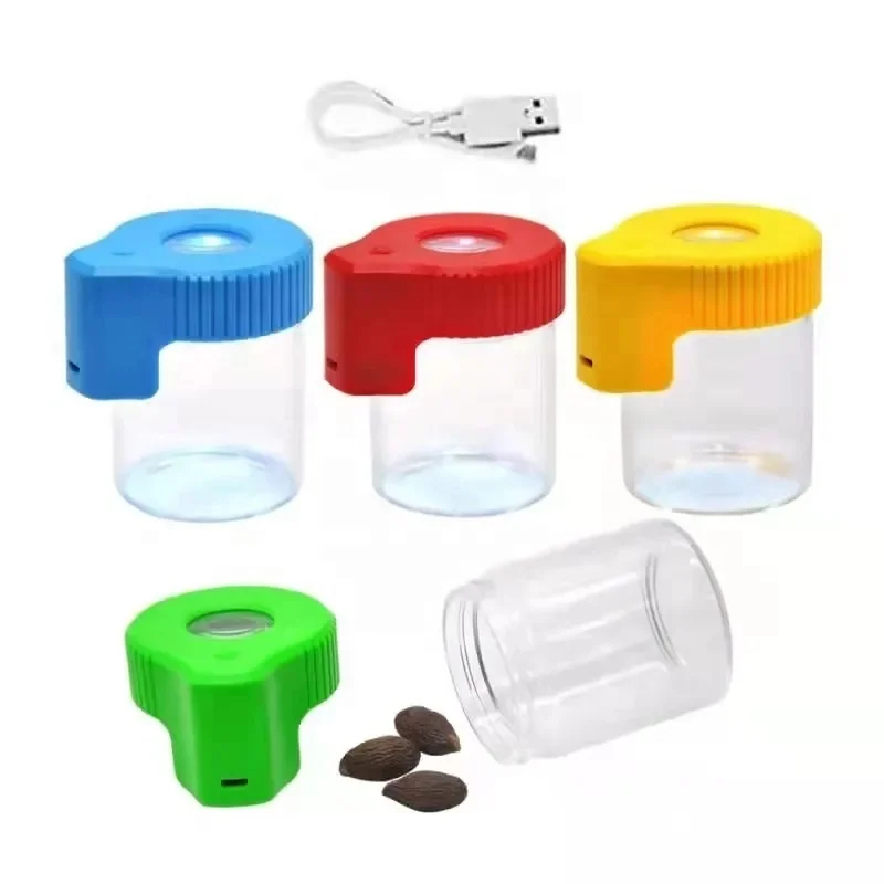 Unique Design Air Tight LED Magnifying Glass Stash Jar Herb Container USB Charge Kitchen Handmade Tobacco Jar