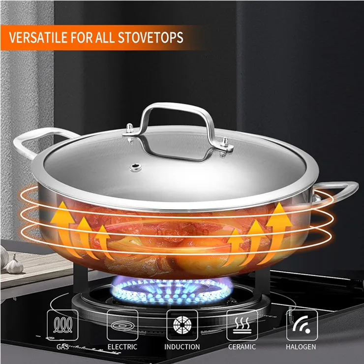 Dishwasher and oven safe 5 QT 3-ply stainless steel saute pans with comfortable double handles and stainless steel lid