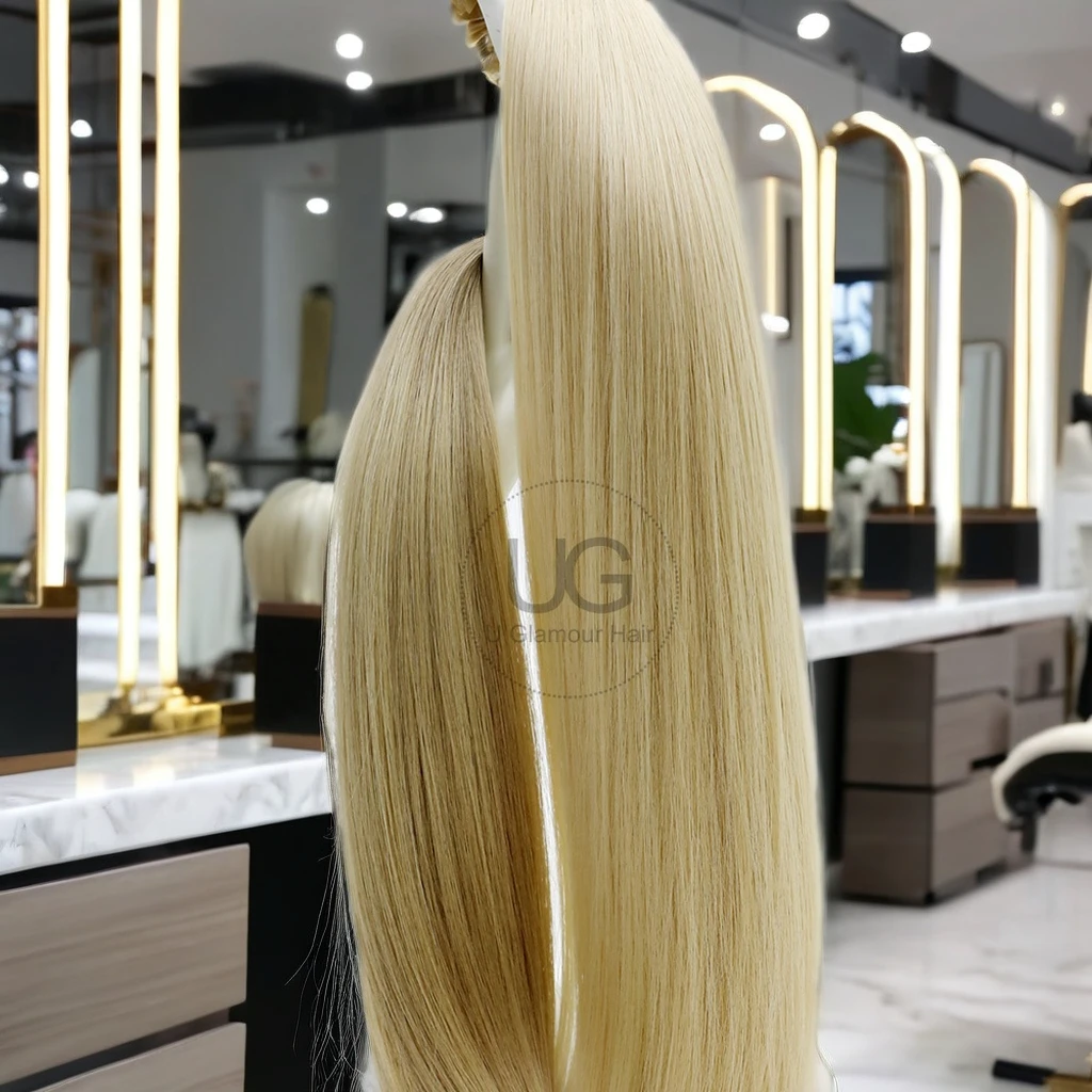 U Glamour профессиональный двойной уток русские волосы Remy гладкая белая блондинка гений оптом