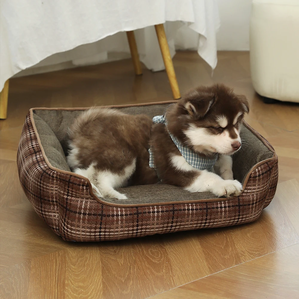 Linen Square Pet Bed Dog Kennel Soft Comfortable Cat Nest Deep Sleep Pet Mat Bed Four Seasons General Warm Dog Bed Cat Cushion