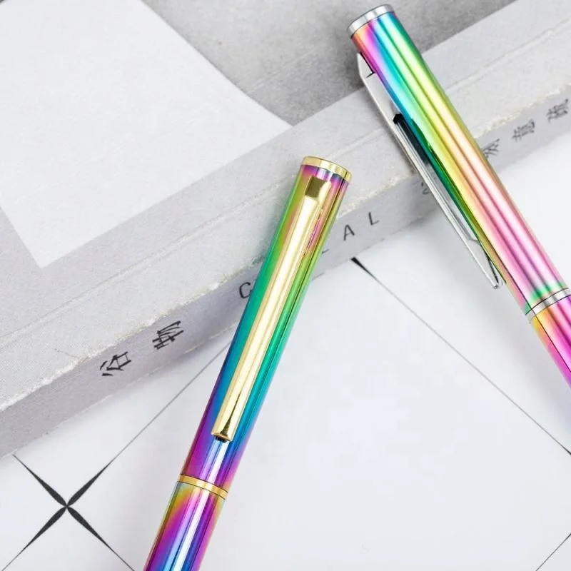 Hotel Slim Promotional Gifts Good Looking Bright Rainbow Metal Pen Iridescent Holographic Stationery Ballpoint Pen