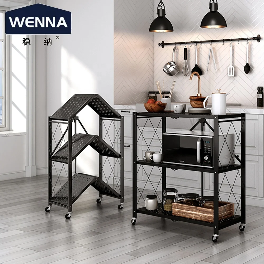 Black Metal Steel Collapsible Shelving Organizer Wire Rack Foldable Kitchen Storage Unit On Caster Wheels