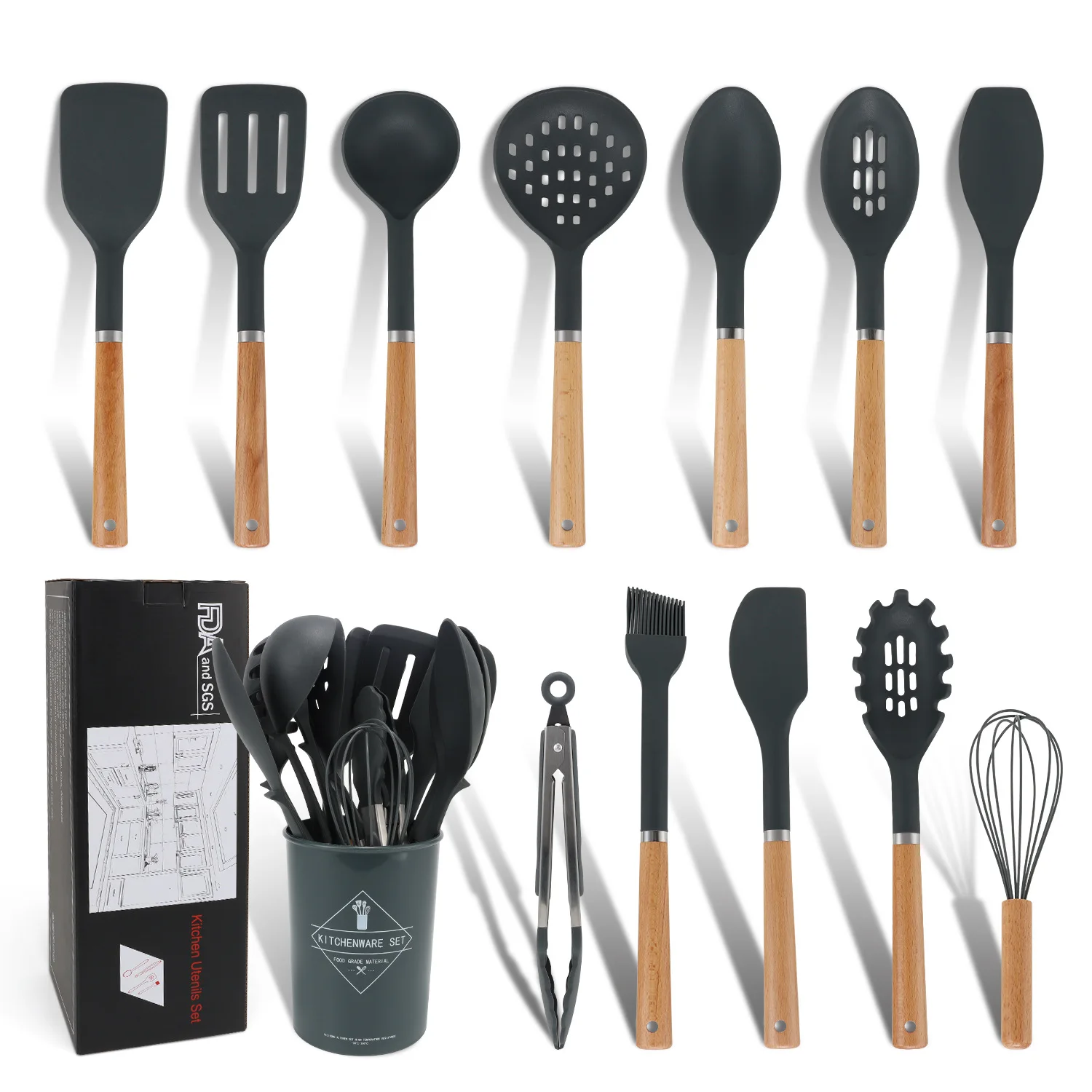 Food Grade 12pcs Kitchen Gadgets Tool for house Silicone Kitchen Utensils Wooden Set Silicon Kitchen Tools Set