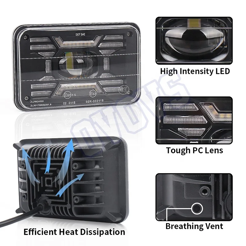 OVOVS DOT Sealed H4651 H4652 H4656 H6545 Projector Rectangular 4x6 Led Headlight For Kenworth Truck