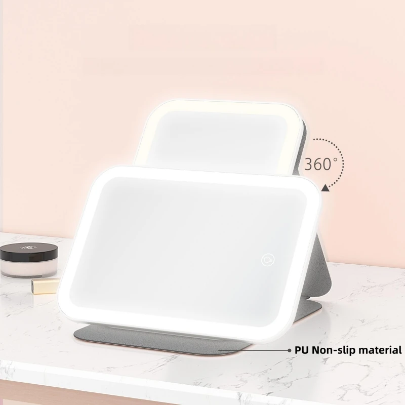 Hot Three Trifold Mirror Vanity Portable Led Makeup Mirror Desktop Foldable Travel Silver Square Touch Screen Switch 800 Mah